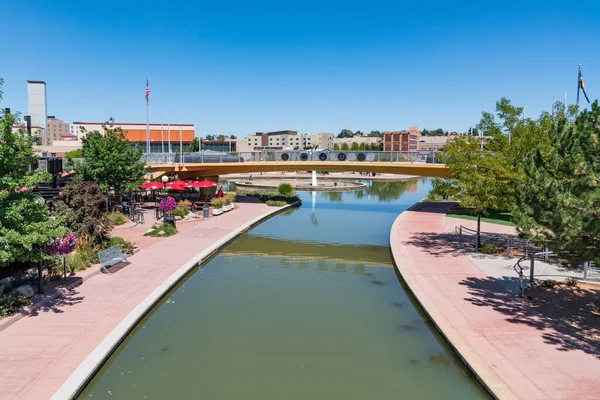 Pueblo, Colorado - August 12, 2022: Pueblo Riverwalk along the Arkansas River in Pueblo, Colorado is an excellent example of urban revitalization.
