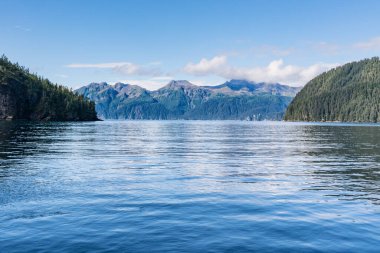 Seward, Alaska yakınlarındaki Diriliş Körfezi 'nin engebeli kıyı şeridi boyunca dağlar