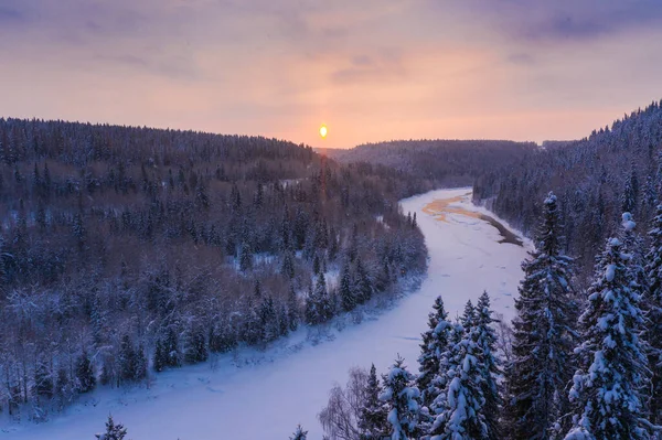Donmuş Nehir Yukarıdan Karla Kaplı Orman Kışın — Stok fotoğraf