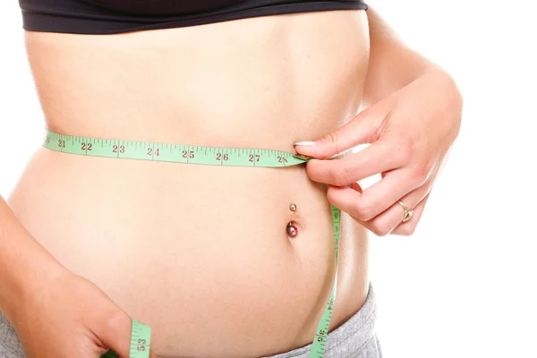 Mulher estômago magro com fita métrica em torno dele — Fotografia de Stock