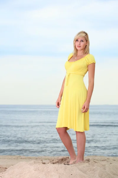 Romantic Beautiful smiling girl yellow dress — Stok fotoğraf