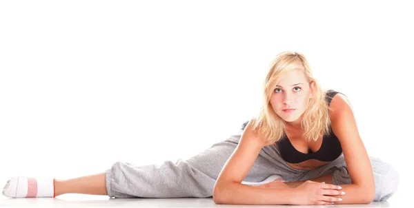 Sport Young woman doing exercise isolated on white — Stock Photo, Image