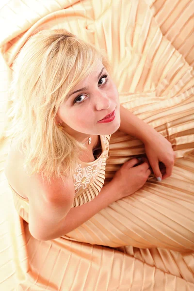 Woman blonde fashion model in yellow dress Stock Image