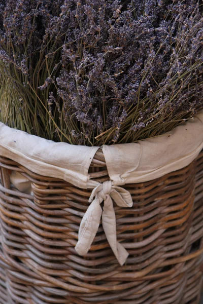 Lavendel i en flätad korg — Stockfoto