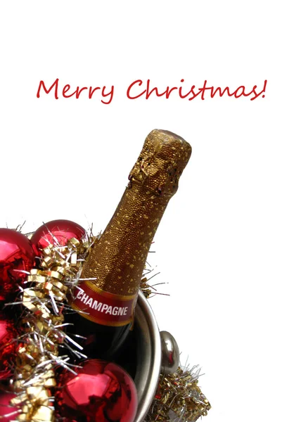 Champagne and ornaments christmas greeting — Stock Photo, Image