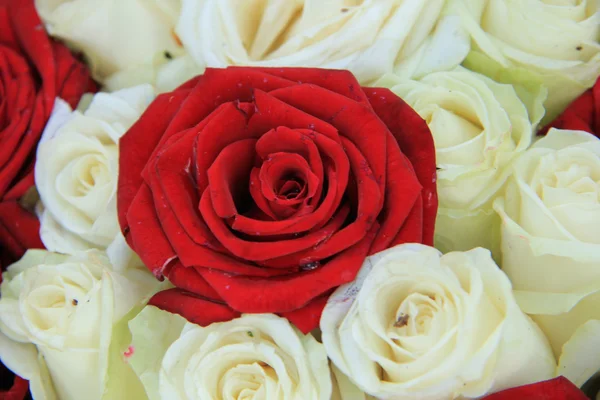 Rote und weiße Rosen im Hochzeitsarrangement — Stockfoto