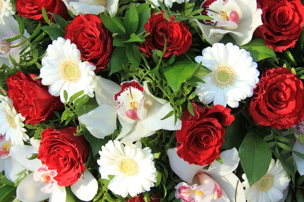 Orquídeas de Cymbidium, rosas vermelhas e gerberas brancas — Fotografia de Stock