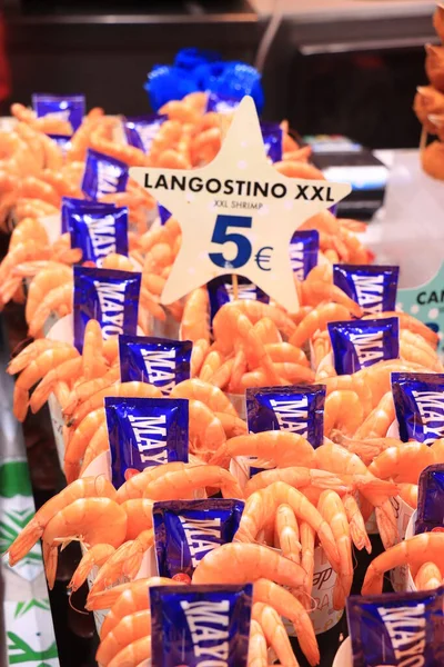 Barcelona Spain September 30Th 2019 Langoustines Paper Cones Boqueria Market — Stock Photo, Image