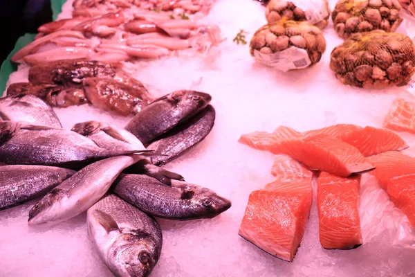 Barcelona Spain September 30Th 2019 Selection Seafood Boqueria Market Text — Stock Photo, Image