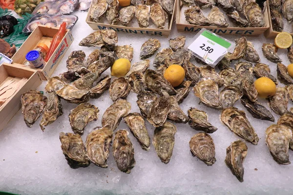 Barcelona Spain September 30Th 2019 Selection Oysters Boqueria Market Text — Stock Photo, Image