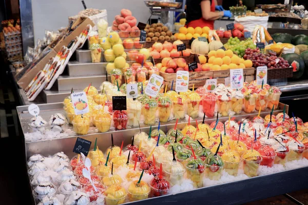 Barcelona Spain September 30Th 2019 Colorful Fruit Fruit Salads Plastic — Stock Photo, Image