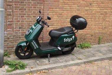 Haarlem, Hollanda - 26 Haziran 2021: Go share uygulamalı scooter kiralama şirketinden kiralık scooter. Go paylaşımı Avrupa 'nın çeşitli şehirlerinde mevcuttur. Kentsel Hareket Konsepti