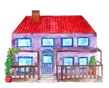 Ön bahçeli renkli bir ev. El yapımı suluboya çizimi