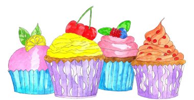 Meyvemsi süslemeleri olan renkli kekler. El yapımı suluboya çizimi