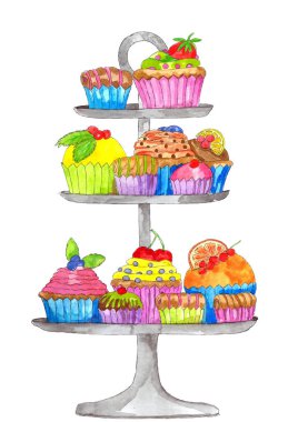 Üç katlı kek standında renkli kekler. El yapımı suluboya çizimi