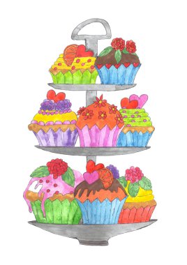 Üç katlı kek standında renkli kekler. El yapımı suluboya çizimi