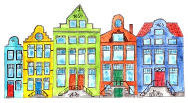 Klasik görünüşlü renkli Amsterdam kanal evleri. El yapımı suluboya çizimi