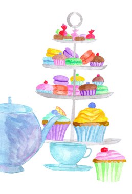 Üç katlı kek standında renkli kekler. El yapımı suluboya çizimi