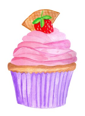 Çilekli ve gözlemeli pembe kek. El yapımı suluboya çizimi