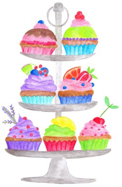 Üç katlı kek standında renkli kekler. El yapımı suluboya çizimi
