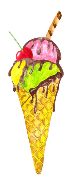冰淇淋在一个圆锥与巧克力和樱桃 手绘水彩画 — 图库照片
