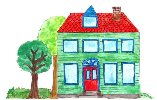 Kleurrijk Huis Met Boom Handrawn Aquarel Illustratie — Stockfoto
