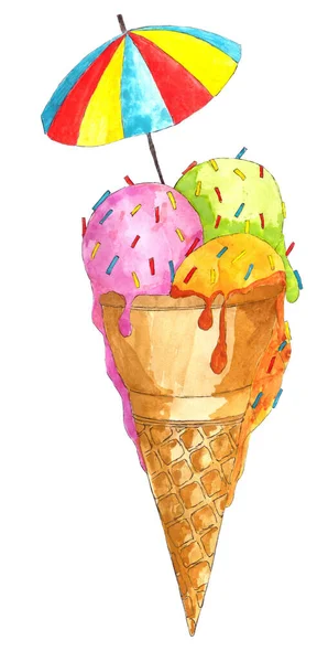 冰淇淋在一个有洒水和雨伞的圆锥里 手绘水彩画 — 图库照片
