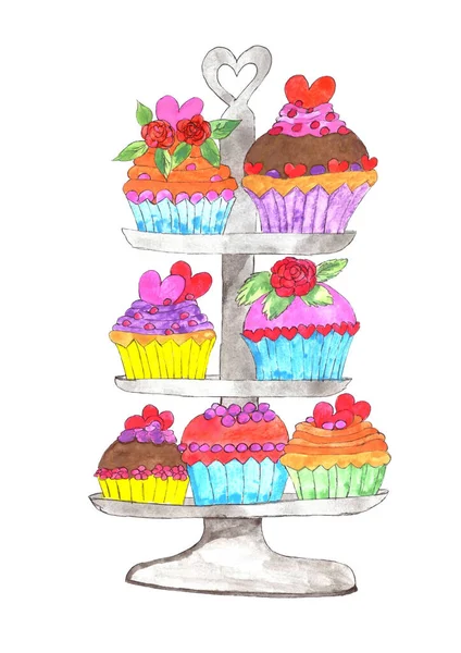 三层蛋糕架上的彩色蛋糕 手绘水彩画 — 图库照片