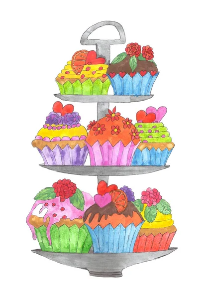 Üç katlı kek standında renkli kekler. El yapımı suluboya çizimi