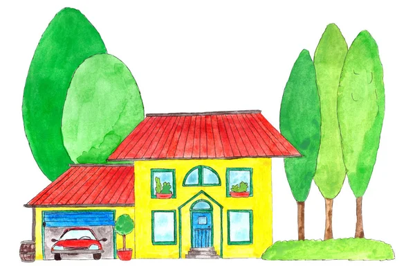 Kleurrijk Huis Met Garage Handrawn Aquarel Illustratie — Stockfoto