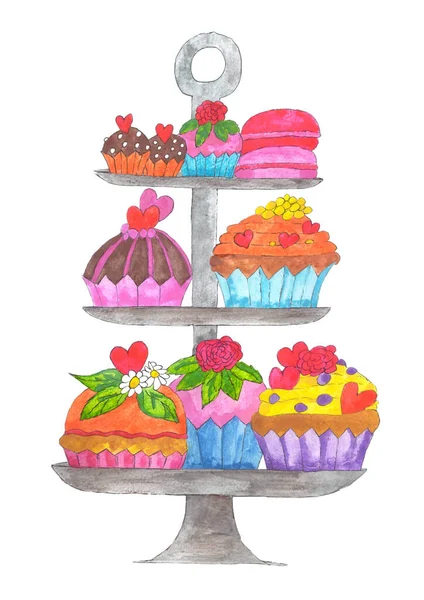 Cupcakes Coloridos Uma Banca Bolo Três Níveis Ilustração Aquarela Handrawn — Fotografia de Stock