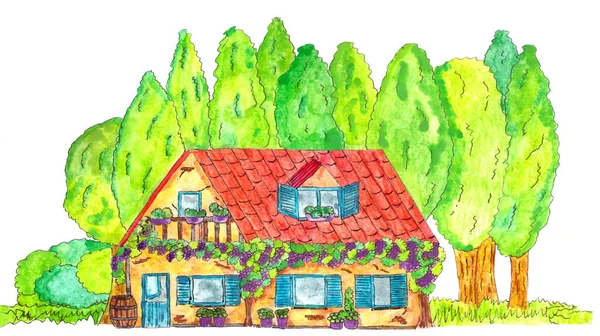 Renkli Toskana evi. El yapımı suluboya çizimi