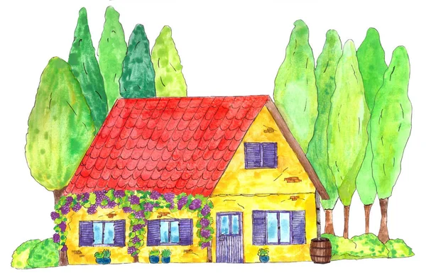 Colorida Casa Toscana Ilustración Acuarela Hecha Mano —  Fotos de Stock