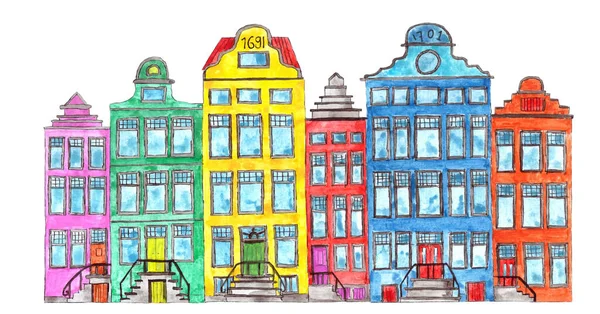 Колоритні Будинки Амстердама Класичними Фасадами Приклад Акварельного Кольору — стокове фото