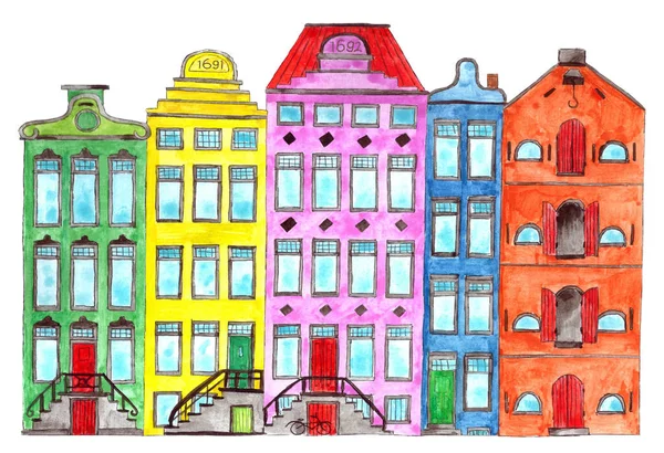 Bunte Amsterdamer Grachtenhäuser Mit Klassischen Fassaden Handgemalte Aquarell Illustration — Stockfoto