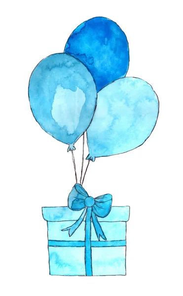 Niebieski Prezent Wstążką Balonami Handrawn Akwarela Ilustracja — Zdjęcie stockowe