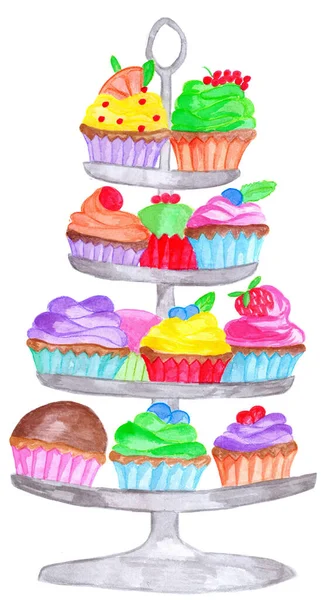 Farverige Cupcakes Tre Lags Kage Stativ Håndlavet Akvarel Illustration - Stock-foto