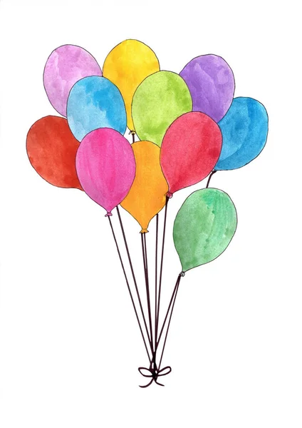 Colorful Bunch Balloons Different Patterns Handrawn Watercolor Illustration — Stock Photo, Image