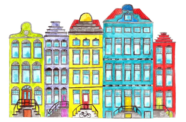 Kolorowe Domy Nad Kanałem Amsterdam Klasycznymi Fasadami Handrawn Akwarela Ilustracja — Zdjęcie stockowe