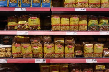 Haarlem, the Netherlands -  april 18th 2022: Pasta in supermarket, various sorts of Grand Italia pasta in bags