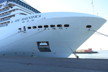 IJmuiden, Hollanda - 4 Mart 2022: MSC Magnifica Felison Cruise terminali IJmuiden, Hollanda. Yay ve isim ayrıntıları