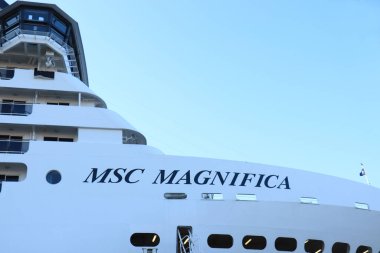 IJmuiden, The Netherlands - March 4th 2022: MSC Magnifica at Felison Cruise terminal IJmuiden, the Netherlands. Detail of bow and name