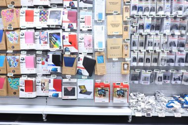 Cornella de Llobregat, Spain - september 28th 2019: MediaMarkt store interior, telephone accessories. MediaMarkt is a German chain, selling consumer electronics.