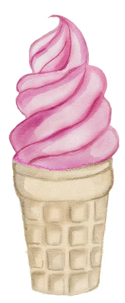 草莓软式冰淇淋配蛋筒 手绘数码水彩画 — 图库照片