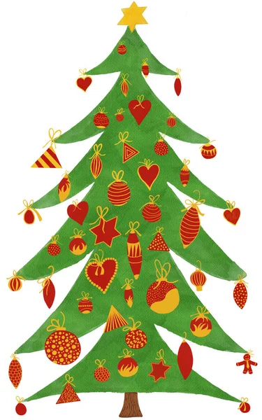 Árvore Natal Com Baubles Vermelhos Dourados Imagem Aquarela Digital — Fotografia de Stock
