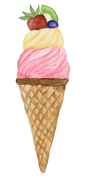 冰淇淋与新鲜水果 手绘水彩画 蓝莓和猕猴桃在奶油草莓和香草冰之上 手绘数码水彩画 — 图库照片