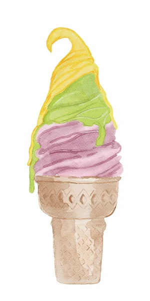冰淇淋蛋筒 有草莓 开心果和香草三种口味 手绘数码水彩画 — 图库照片