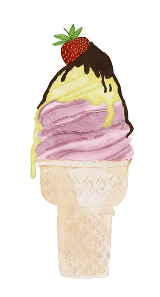 冰淇淋蛋筒 有草莓味和香草味 巧克力味和新鲜草莓味 手绘数码水彩画 — 图库照片