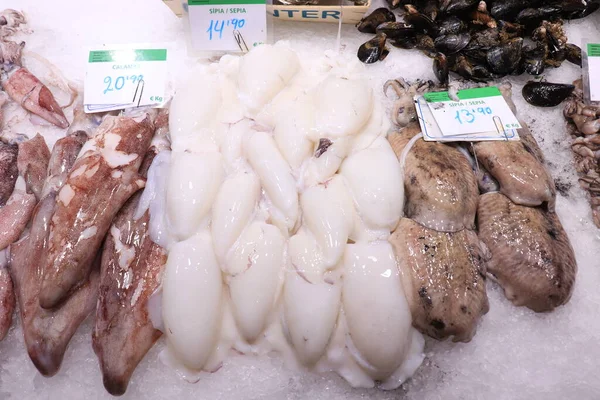 Barcelona Spain September 30Th 2019 Selection Squid Boqueria Market Text — Stock Photo, Image