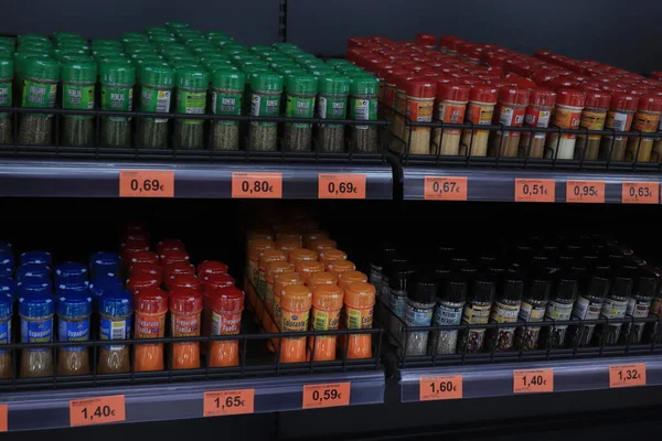 Barcelona Spain September 28Th 2019 Spices Supermarket Different Sorts Glass — Stock Photo, Image